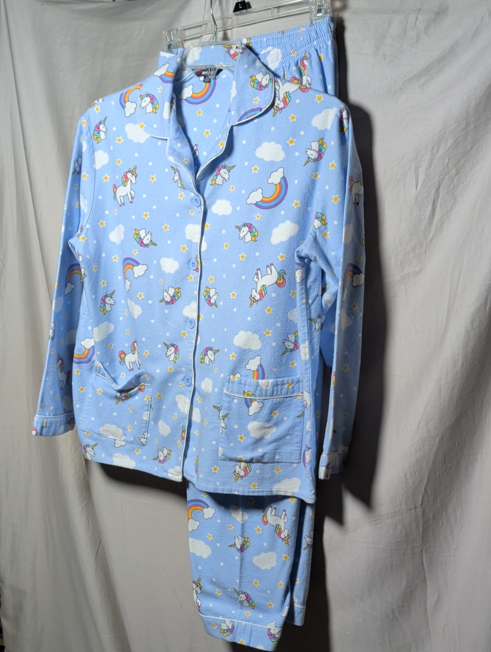 Adults Unicorn Rainbow Flannel Unicorn Pajama Set - Light Blue Dreamy Fun Wear
